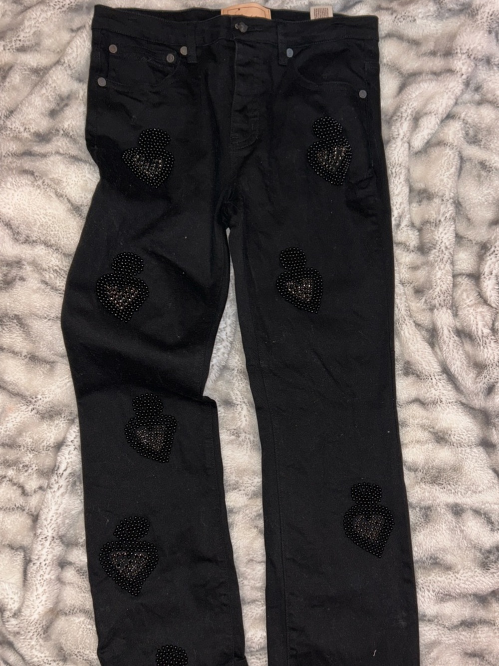 Men's Black Slim Straight Jeans with Studded Heart Accents